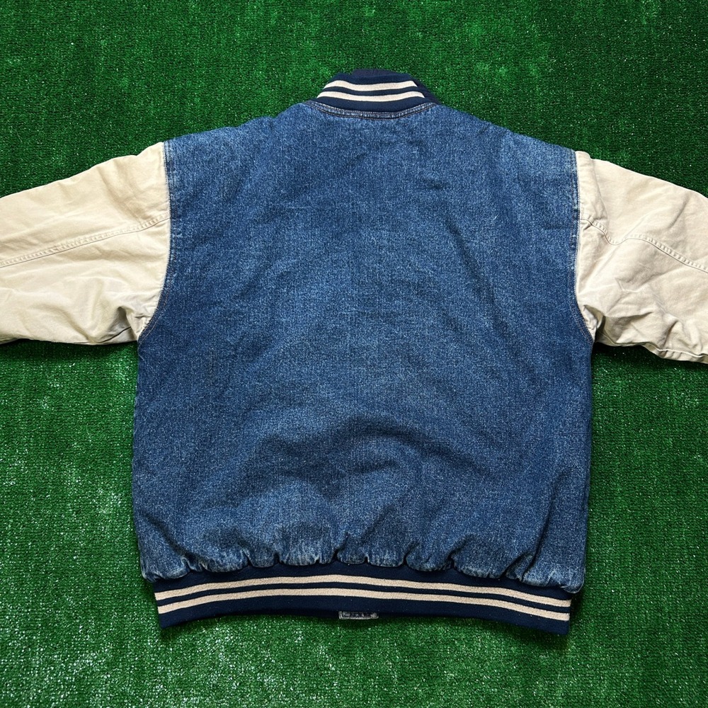 Y2K / Vintage Basic Editions Denim Varsity M Blue Bomber Two Tone Removable Hood - Picture 3 of 13